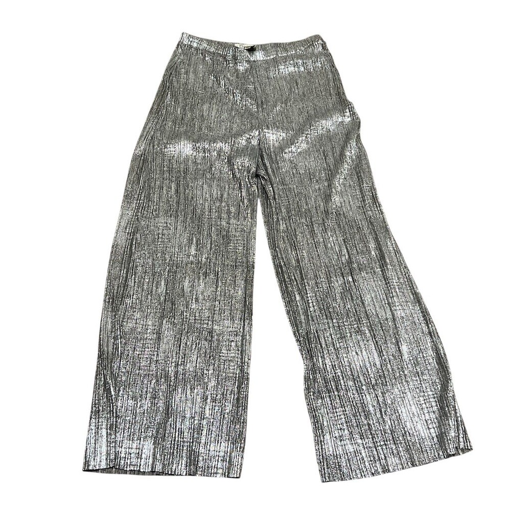 Elevenses Pants Womens Size L Silver Pleated Wide-Leg Pull-On Party